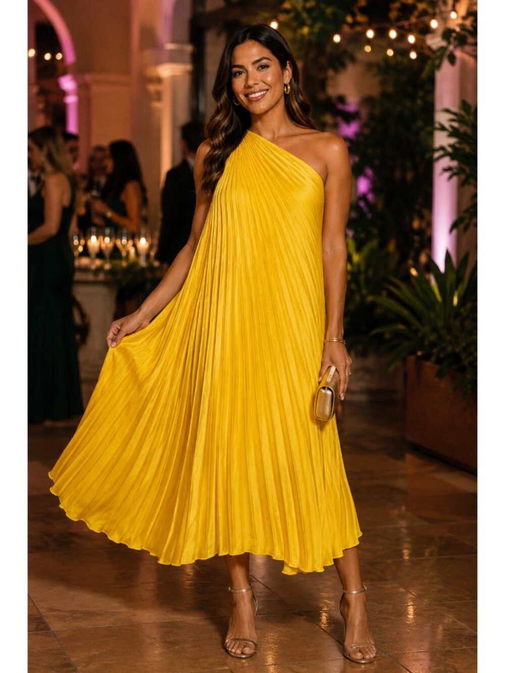 Banana Republic Pleated One Shoulder Midi Dress Size XS Radiant Yellow Preppy